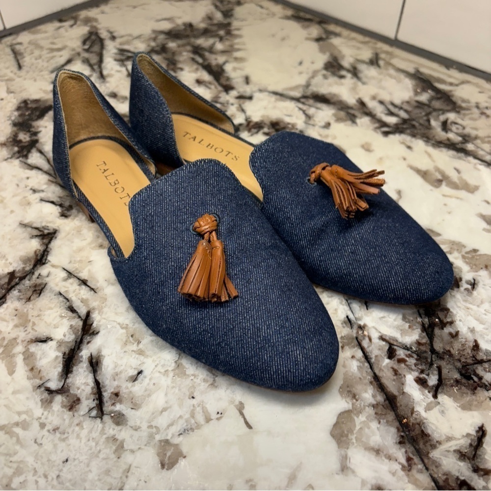 Talbots Spring Sienna Frannie D'orsay blye denim tassel loafers women's size 7.5